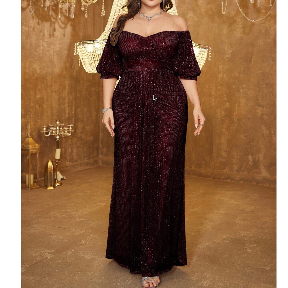Luxe Sequin Puff Sleeve off shoulder Ruched High Waisted Party Wedding Dress